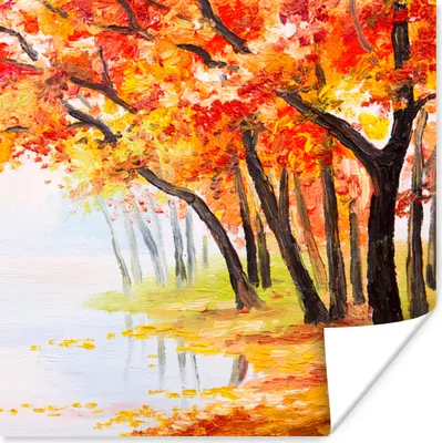 Produktbild von MuchoWow® Poster Gemälde - Herbst - Bäume - Wasser - Ölfarbe 75x75 cm - Wand Dekoration