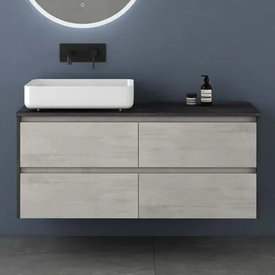 Immagine prodotto di doporro Mobile Bagno Sospeso 120 cm Naturale Chiaro, Mobiletto Sottolavabo con Lavabo da Appoggio in Marmoresina Bianco e 4 Cassetti Soft Close, Mobili Arredo Bagno Spazioso Seria Normal