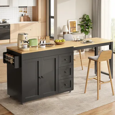 Immagine prodotto di Isola da cucina MODFU con piano estendibile, carrello da cucina/carrello di servizio con ruote, mobiletto da cucina con 3 cassetti e ripiani per snack, colore nero