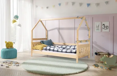 Produktbild von KEF Kinderbett 90x180 cm Hausbett für Schlafzimmer Bodenbett aus Holz mit Lattenrost Jugendbett und Mädchenbett für Kinderzimmer Braun