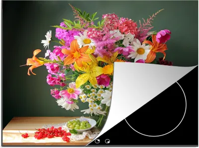 Produktbild von KitchenYeah© Herdabdeckplatte Blumenstrauß - Stilleben - Obst , 60x52cm, Küche Deko, Glaskeramikkochfeld Herdabdeckung, Abdeckplatte fùr Kochfeld