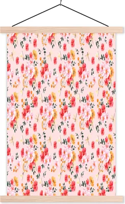 Produktbild von MuchoWow® Textilposter Blumen - Rosa - Muster 40x60 cm mit holzfarbenen Rahmen - Poster