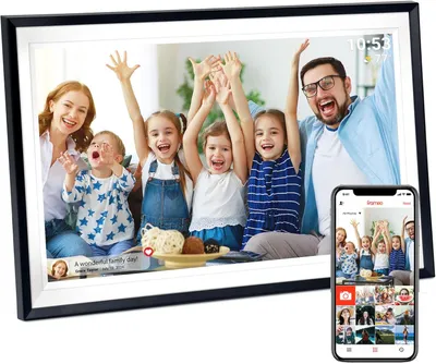 A digital photo frame displaying a family photo, with a smartphone showing the same photo and other family pictures.