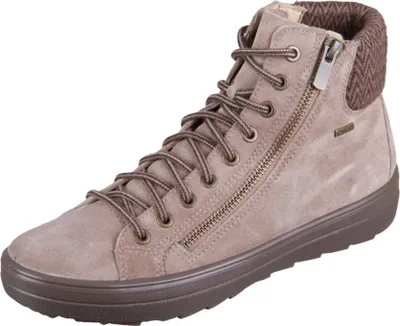 A single brown high-top boot with laces and a zipper.