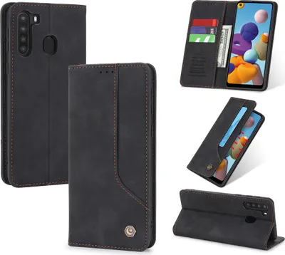 Produktbild von Galaxy A21 Hülle, LaimTop Retro Kunstledertasche Schutzhülle mit Kartenfach Standfunktion für Samsung Galaxy A21 Schwarz