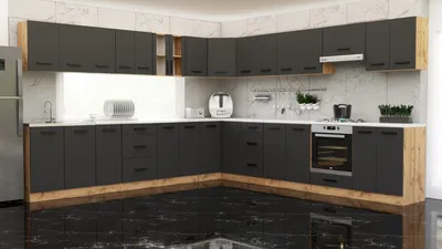Zdjęcie produktu dla Blanco ® Meble kuchenne narożne Kuchnia narożna COSTA 6,8 m DĄB WOTAN/SZARY MAT ZESTAW REGAŁ ANEKS SZAFKA BLAT