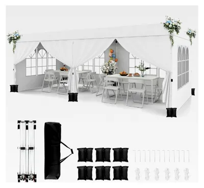 Produktbild von Gartenpavillon, Partyzelt mit 6 abnehmbaren Seitenwänden und Sandsäcken, 3x6m Faltpavillon, winterfest, wasserabweisend, UV-Schutz 50+, stabil (Weiß)