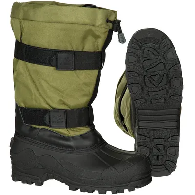 A pair of green and black winter boots shown from the front and sole view.