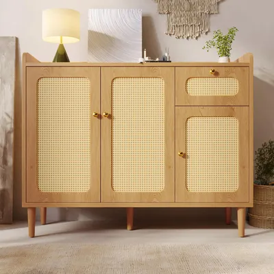 Image de Buffet Merax avec tressage en rotin, commode avec 3 portes et 1 tiroir, meuble de rangement avec système de fermeture douce, idéal pour le salon, la cuisine ou l'entrée, aspect chêne