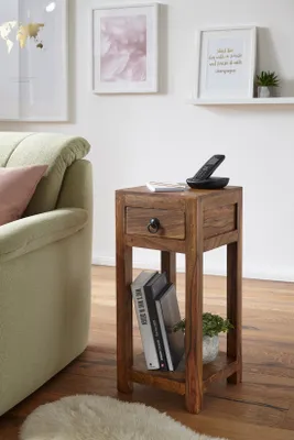 Image de Wohnling Table d'appoint en bois massif de Sheesham 30 x 30 x 65 cm avec tiroir ; WL1.313