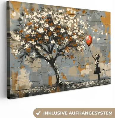 Produktbild von Leinwand Bilder 90x60 cm - Lebensbaum - Graffiti - Banksy-Stil - Ballonmädchen, Bilder, Wanddeko Wohnzimmer