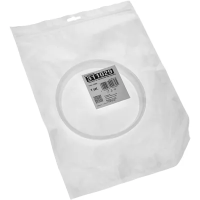 A white plastic bag containing a circular white gasket and a label.