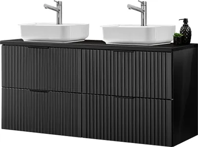Produktbild von Doppelwaschtisch mit 2 Keramik Waschbecken, matt schwarz gerillt, ADELAIDE-56-BLACK, B/H/T ca. 120,6/73,2/46,5 cm