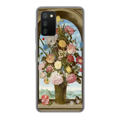 Produktbild von MuchoWow® Handyhülle Schutzhülle Hülle für Samsung Galaxy A03s Vase mit Blumen in einem Fenster - Gemälde von Ambrosius Bosschaert dem Älteren Silikon Softcase Handy Hülle - Schutz
