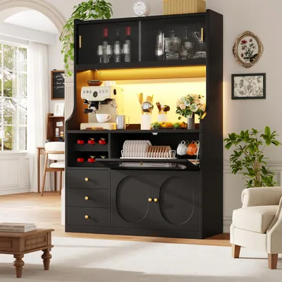 Produktbild von okwish Küche Hochschränke mit Glasschiebetüren und RGB-LED,großzügigem Stauraum,Küchenschrank mit Küchenschrank und 3 Schubladen,Schwarz