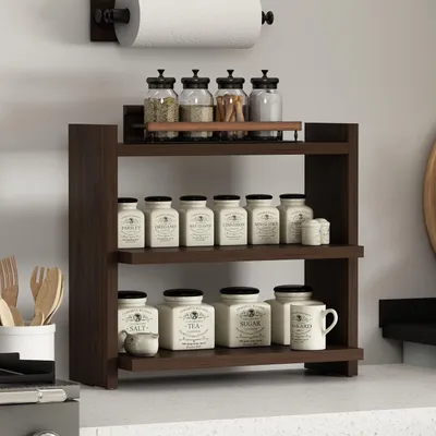 Image de Étagère à épices HOMIDEA Zen avec 3 tablettes en bois – Rangement pour la cuisine, la salle de bains et le bureau (noyer)