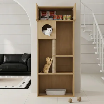 Produktbild von Kratzbaumschrank, Haustierschrank, Kratzbaum, Katzenkloschrank, Haustier-Aufbewahrungsschrank, Schrank mit Kratzsäule, ohne Katzenklo