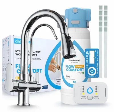 Produktbild von Ari 3-Wege-Küchenarmatur Nordic, Chrom, Ausziehbare Spültischarmatur Im Set Mit Dafi D1 Wasserfiltersystem, Untertischanlage
