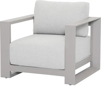A single outdoor lounge chair with light gray cushions and a gray frame, shown from a front-side angle against a white background.