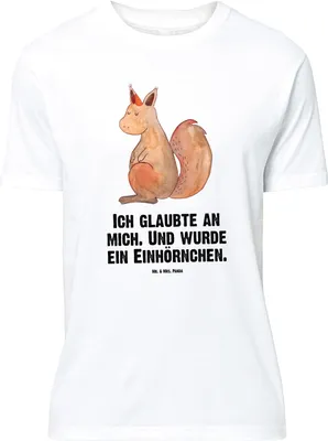 Produktbild von Mr. & Mrs. Panda Größe L T-Shirt Einhorn Glauben - Weiß - Geschenk, Eichhorn, Tshirt, Unicorn, Einhörner, Eichhörnchen, Einhörnchen, mit Spruch, Shirt