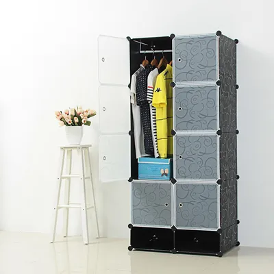 Produktbild von YZNAHRE Kleiderschrank 70 cm Breit Garderobenschrank Steckregalsystem mit 8 Würfel DIY Kleiderschränke Kunststoffschrank mit Tür Regalsystem Schrank Standregal, Schwarz