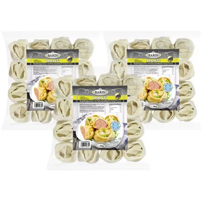 Produktbild von BARIN-Set: 3 x MANTI mit Schweinefleisch, Gesamt Netto 2,25 kg, Handgefertigte Teigtaschen mit Hackfleisch und Zwiebeln, Tiefgefrorenes Fertiggericht