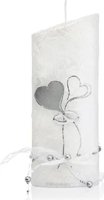 Produktbild von Elegante Hochzeitskerze Silberne Herzen & Ringe Weiß, Tischdeko Hochzeit & Silberhochzeit Kerze 220x85mm