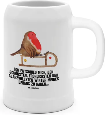 Produktbild von Mr. & Mrs. Panda Seidel Rotkehlchen Schlitten - Weiß - Geschenk, Weihnachten, Keramikkrug, Vogel, Steinkrug, Krug, Humpen, Tonkrug, Wintermotiv