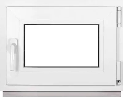 A white window frame with a blank white pane, set against a white background.