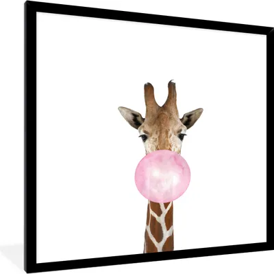 Produktbild von MuchoWow® Gerahmtes Poster Giraffe - Kaugummi - Tiere - Mädchen - Kinder - Rosa 40x40 cm - Poster mit Schwarzem Bilderrahmen Wandposter Rahmen Foto Bilder - Mit Rahmen - Wanddekoration Schlafzimmer