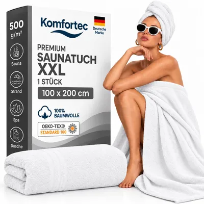 Produktbild von Komfortec Saunatuch 2er Set 100x200 cm XXL, 100% Baumwolle, 500 g/m², extra große und weiche Duschtücher, saugstark & schnelltrocknend, Weiss