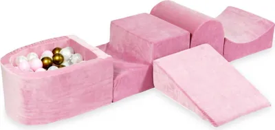 Produktbild von Schaumstoff-Spielset mit Hügel und Mikro-Bällepool – Samtweiches Rosa mit Bällebadbällen 100 Stück / Altgold, Hellrosa, Perlmutt, Transparent