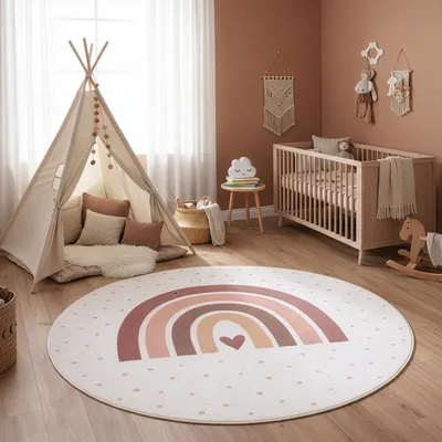 Produktbild von Carpetsale24 Kinderteppich Regenbogen Spielteppich rund 200 cm für Kinderzimmer in Creme mit Herz Motiv ideal für große Spielflächen