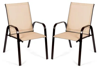 Produktbild von 2er Set Gartenstühle mit Armlehnen, Terrassenstühle aus Textilene und Metallgestell, Balkonstühle bis 200 kg belastbar, für Garten, Balkon, Poolbereich, 56 x 72 x 90 cm (Beige)