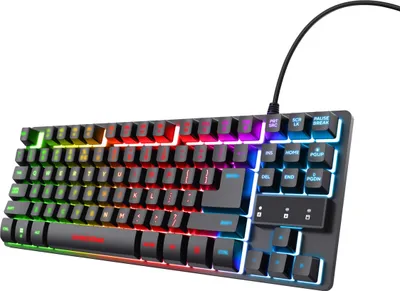 Produktbild von Trust Gaming Tastatur TKL, Anti-Ghosting, 12 Media-Tasten, Metall, für PC/Laptop, aus recycelten Materialien, mit Spielmodus & Windows-Tasten-Deaktivierung.