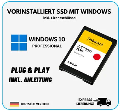 A marketing image for a pre-installed SSD with Windows 10 Professional, showing the SSD and Windows logo.