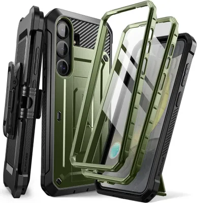 A disassembled protective phone case with a holster and kickstand, shown against a white background.