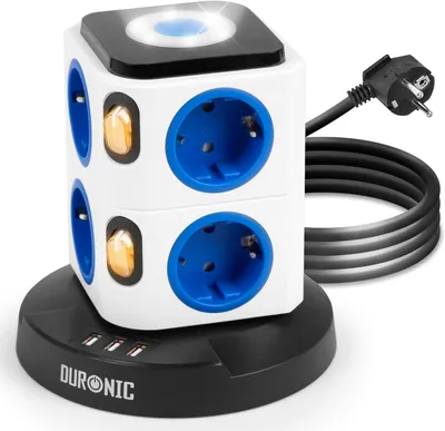 Produktbild von Duronic ET8L Mehrfachsteckdose | Steckdosenwürfel mit 3 USB Ports und touch-sensitives Nachtlicht | 8-Fach Steckdose 3680W 16A | Steckdosenleiste mit Überspannungsschutz | Steckerturm mit 1,8 m Kabel