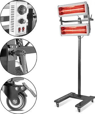 A professional studio shot of a portable infrared paint dryer on a stand, with close-up insets showing control panel details and a wheel mechanism.