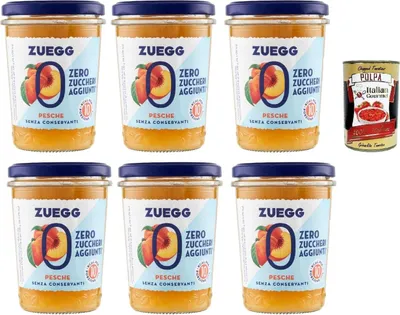 Produktbild von Zuegg Zero Pesche Pfirsiche Marmelade Jam Ohne Zuckerzusatz,Frei von Konservierungsstoffen 6x 220g Glas + Italian Gourmet Polpa di Pomodoro 400g Dose