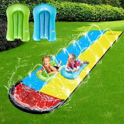 Produktbild von Unyqoos® XXL Aufblasbare Wasserrutsche Doppelbahn 6,1 x 1,4 m – schnell aufblasbar, dickes PVC, integriertes Sprühsystem, inkl. Bodyboards für Garten