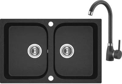 Produktbild von BADLAND SET Spültischarmatur und Granitspüle Doppelbecken CELIA 48x76 Schwarz | Siphon im SET!