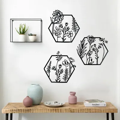 Produktbild von Metall-Wanddeko, Metallblumen-Wanddekoration, 3-teiliges schwarzes Metall-Wandbild, minimalistische Linienblumen-Wanddeko für Schlafzimmer, Wohnzimmer, Büro, Wanddekoration