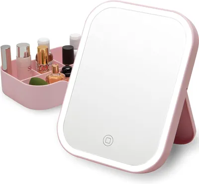 A pink makeup organizer with various cosmetic products and a pink LED makeup mirror.