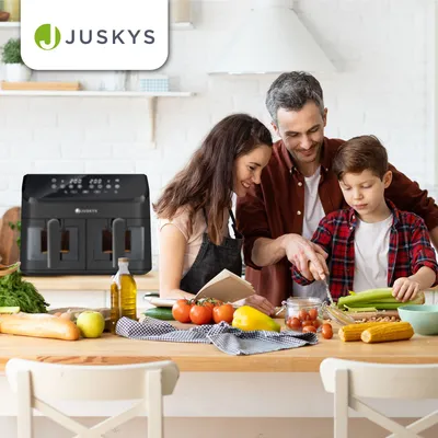 Produktbild von Juskys Heißluftfritteuse 9 L - 2 Kammern, Smart Finish, 9 Programme, Friteuse