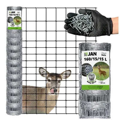A roll of wire mesh fencing with a deer peeking through it, and a hand holding fasteners.