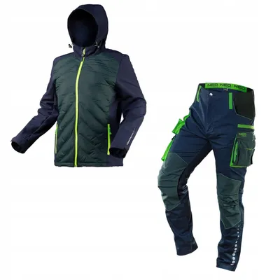 A jacket and pants set on a white background.