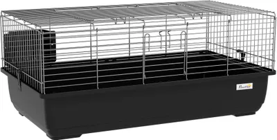 Produktbild von PawHut Kaninchenkäfig mit 2 Türen und herausnehmbarem Tablett, Nagetierkäfig aus Metall und PP-Kunststoff, 100 x 55 x 41 cm, Schwarz und Silber