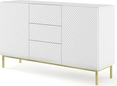 Obrázok produktu pre Komoda RAVENNA C 150 cm 2D3S rám biely matný / biely lesk diamantom frézovaný príborník MDF 2 dvierka 3 zásuvky vysoká doska skrinka otvorené police bufet s frézovanými čelami diamant