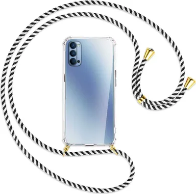 Produktbild von Handykette Backcover-Schutzhülle mit Band (Metall goldfarben) für Oppo Reno4 5G - schwarz/weiß gestreift